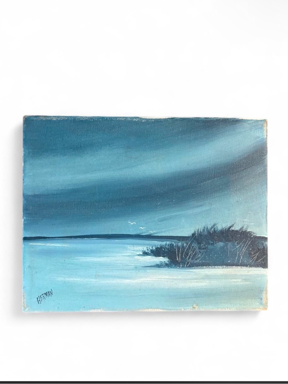 8x10 MCM Hand-Painted Coastal Blue Landscape Canvas